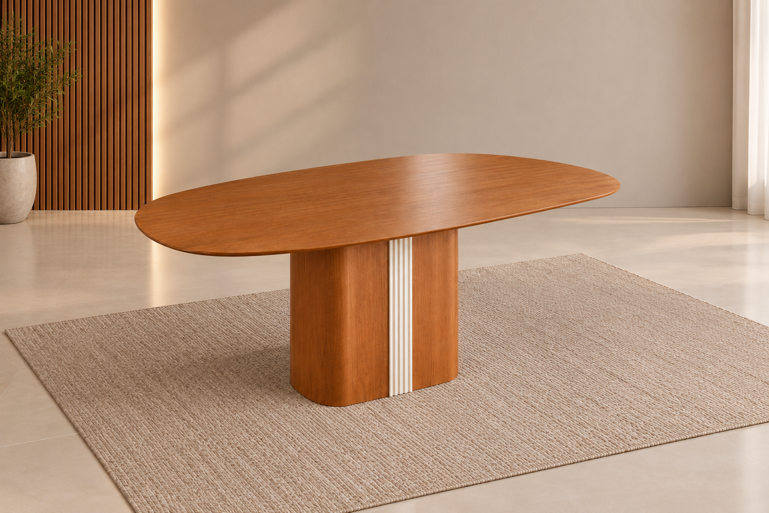 Sala minimalista com mesa escultural